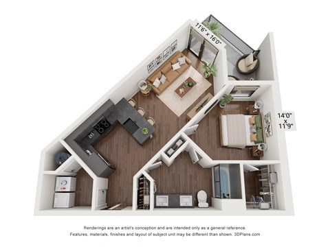 Floor plan for 1 bed, 1 bath, 748 sqft